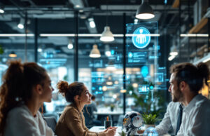 HOW TO USE AI FOR BUSINESS PRODUCTIVITY Business team using artificial intelligence tools for productivity