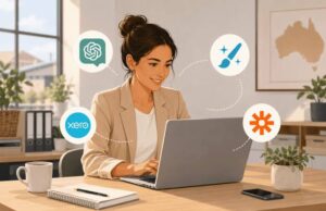 How to Use AI in Small Business Small business owner using artificial intelligence tools for business tasks